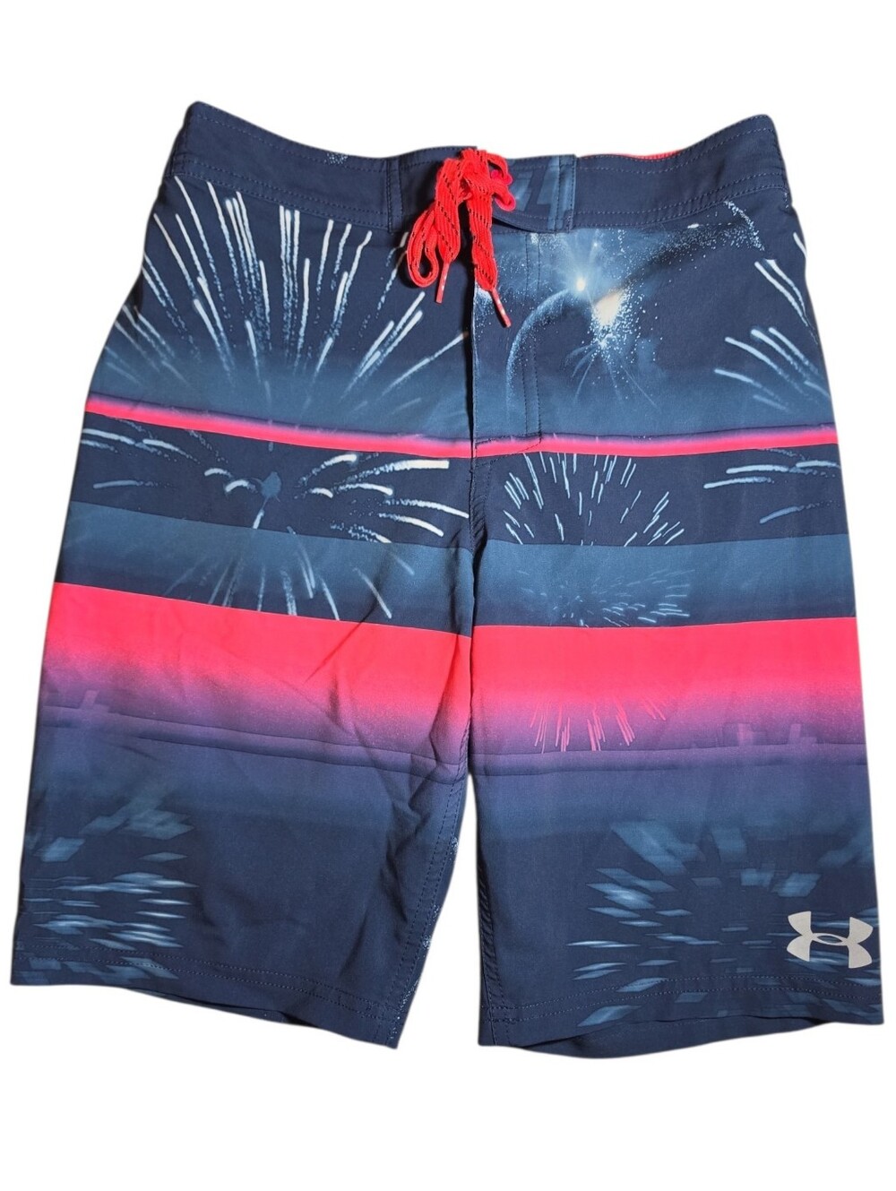 Under Armour Youth Navy & Red Firework Stripe Swim Board Shorts - Large